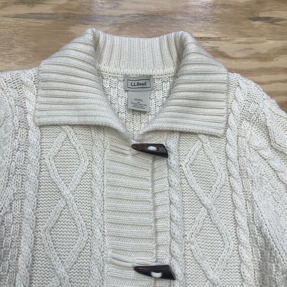 LL Bean Wool Blend Cardigan Cable Knit Fisherman Toggle Button Size Medium - Picture 7 of 13